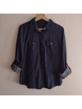 Talbots Denim Top 10 Button Front Heavy Dual Pocket Dark Chambray Shirt